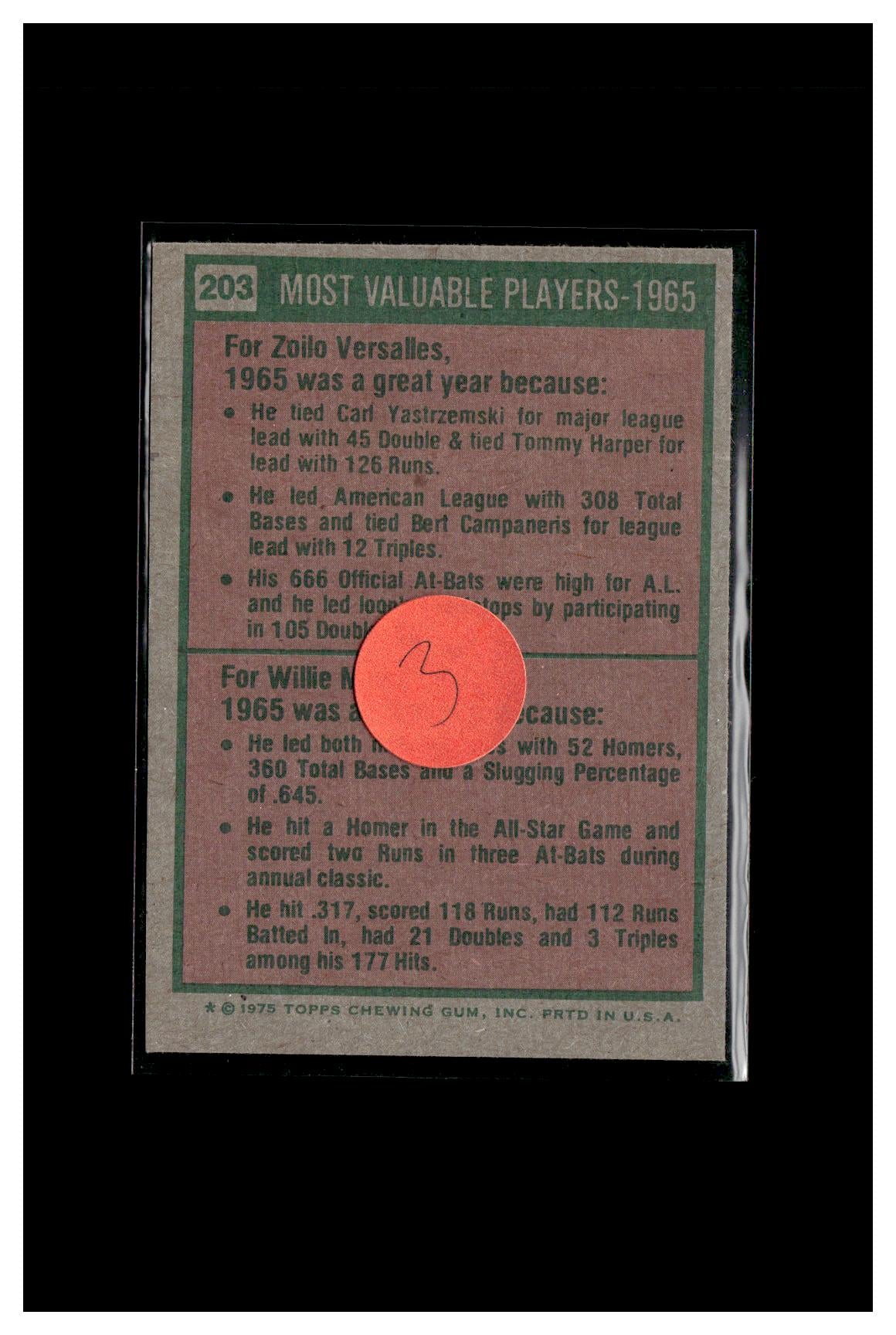 1975 Topps #203 1965 MVPs (Zoilo Versalles / Willie Mays) #3