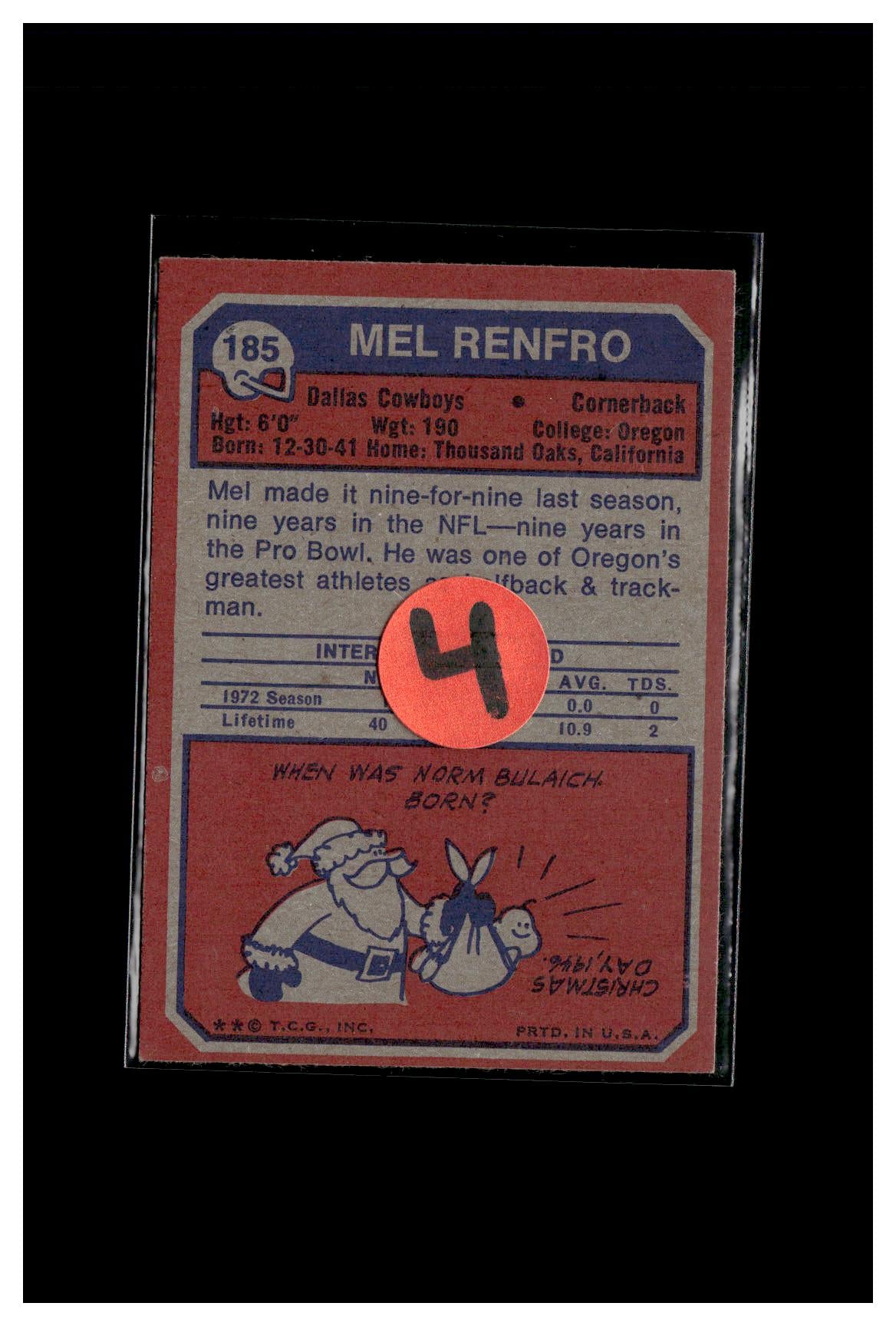 1973 Topps #185 Mel Renfro 4