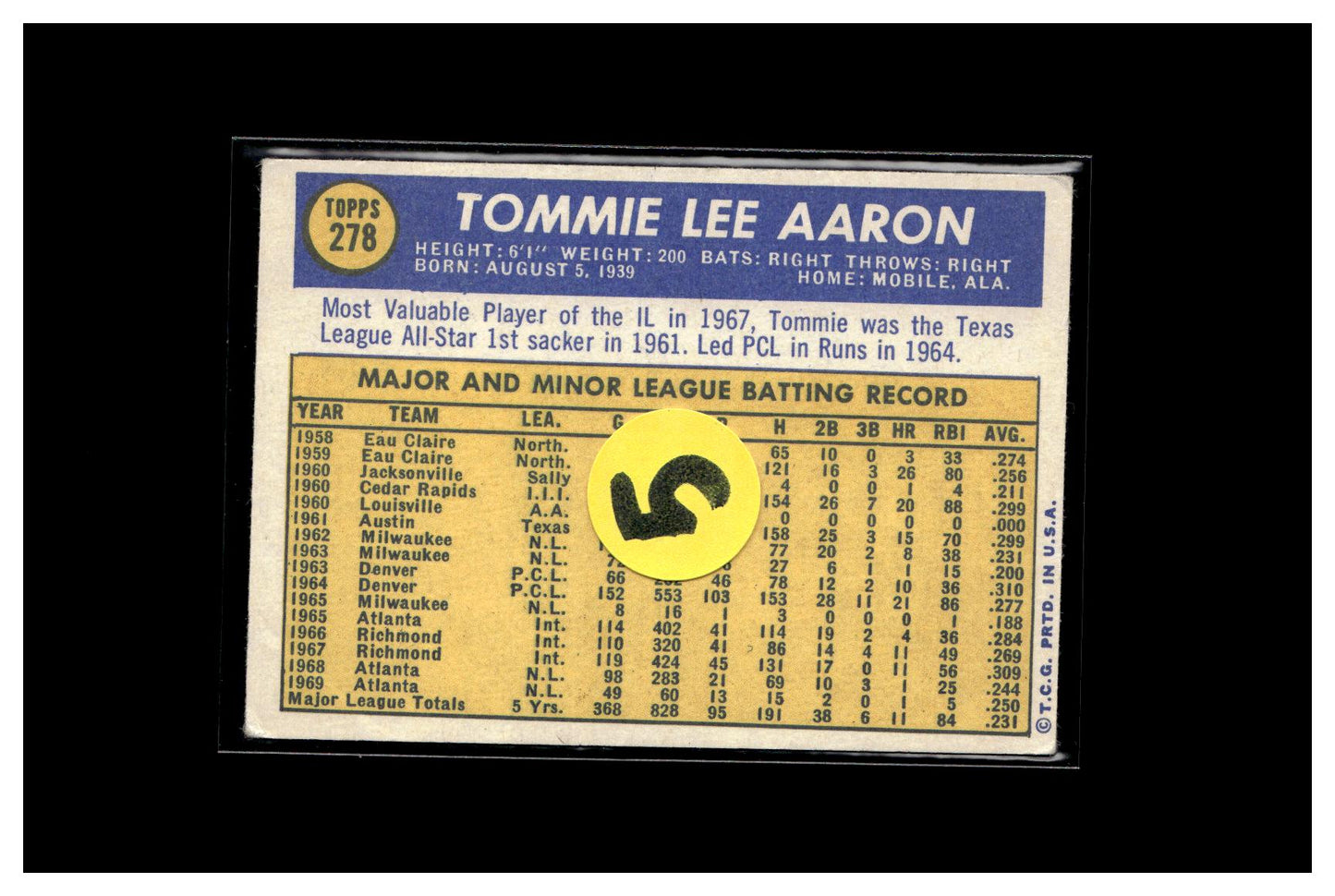 1970 Topps #278 Tommie Aaron 5