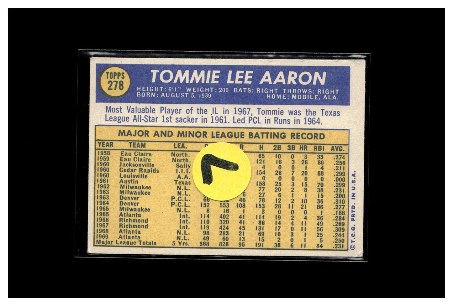 1970 Topps #278 Tommie Aaron 7