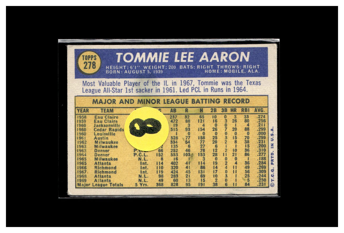 1970 Topps #278 Tommie Aaron 8