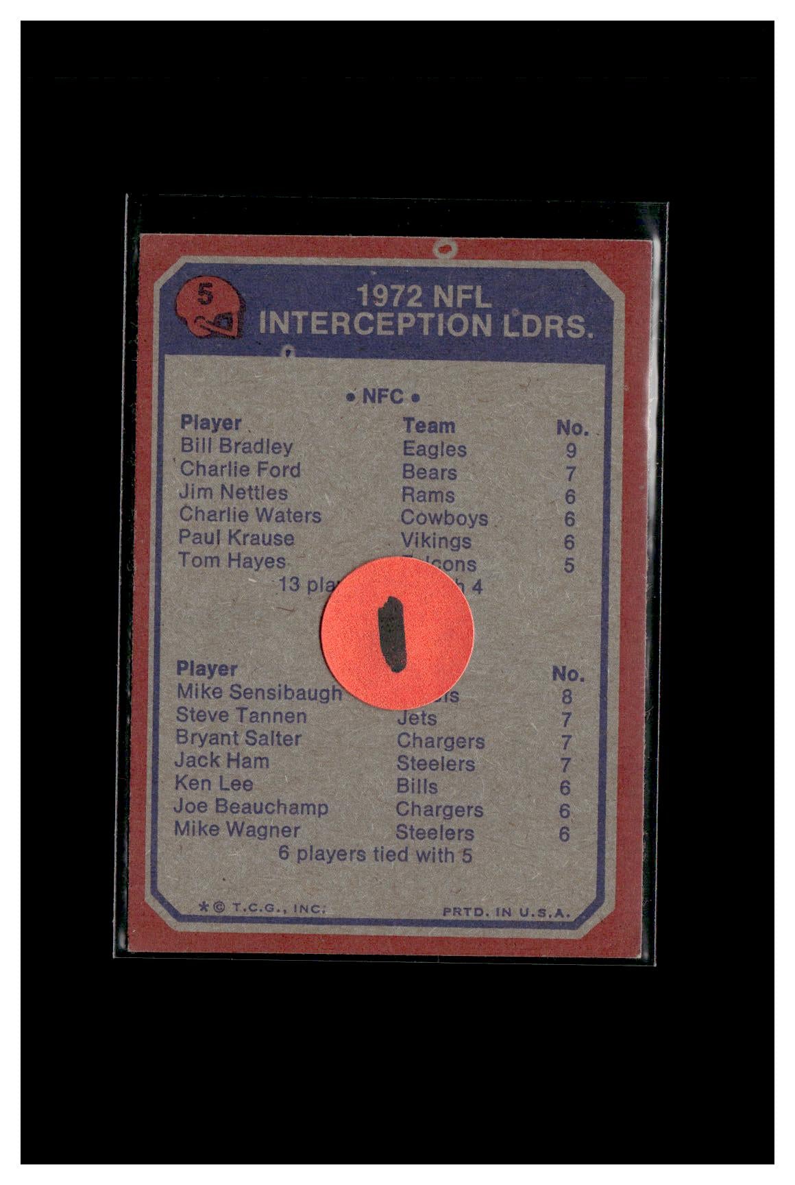 1973 Topps #5 1972 NFL Interception Leaders (Bill Bradley / Mike Sensibaugh) 1