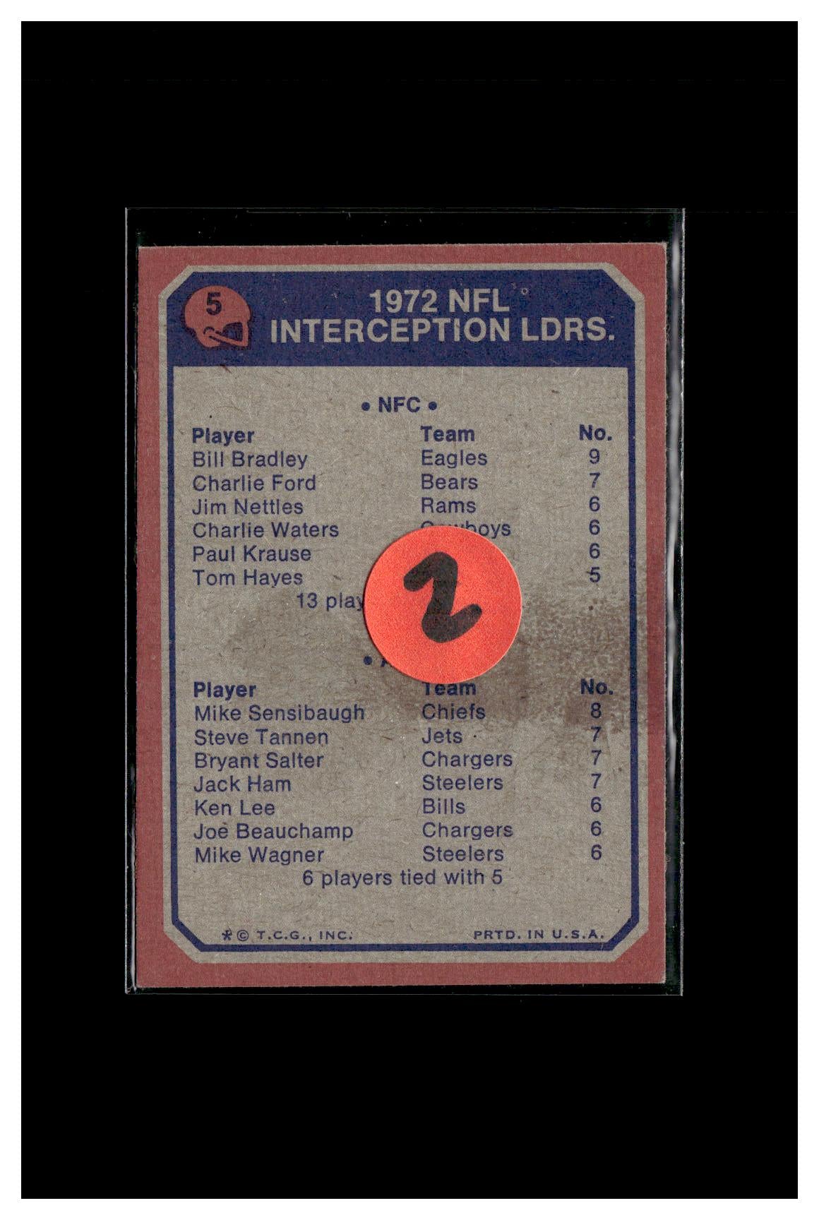 1973 Topps #5 1972 NFL Interception Leaders (Bill Bradley / Mike Sensibaugh) 2