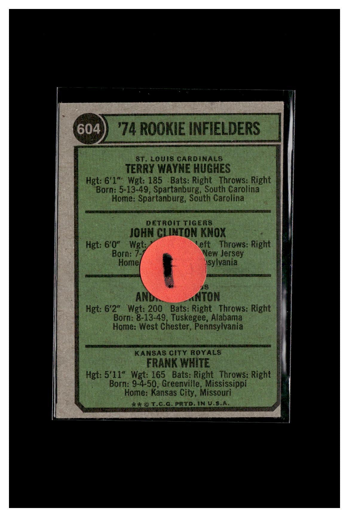 1974 Topps #604 1974 Rookie Infielders (Terry Hughes / John Knox / Andy Thornton / Frank White) 1