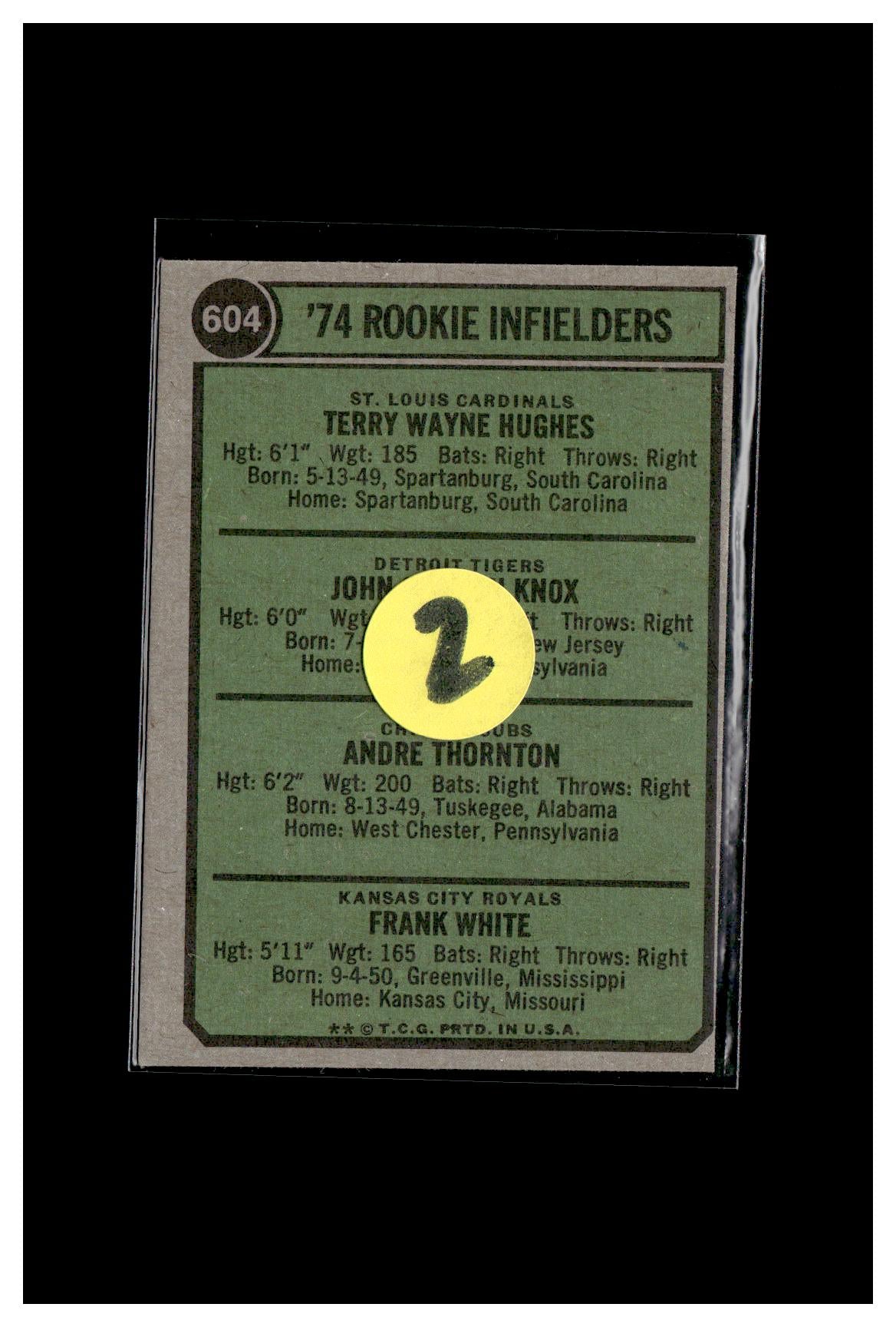 1974 Topps #604 1974 Rookie Infielders (Terry Hughes / John Knox / Andy Thornton / Frank White) 2