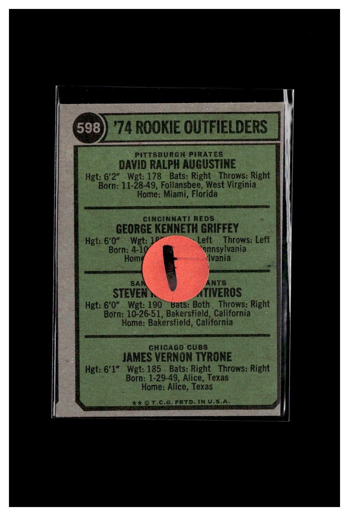 1974 Topps #598 1974 Rookie Outfielders (Dave Augustine / Ken Griffey / Steve Ontiveros / Jim Tyrone) Washington 1