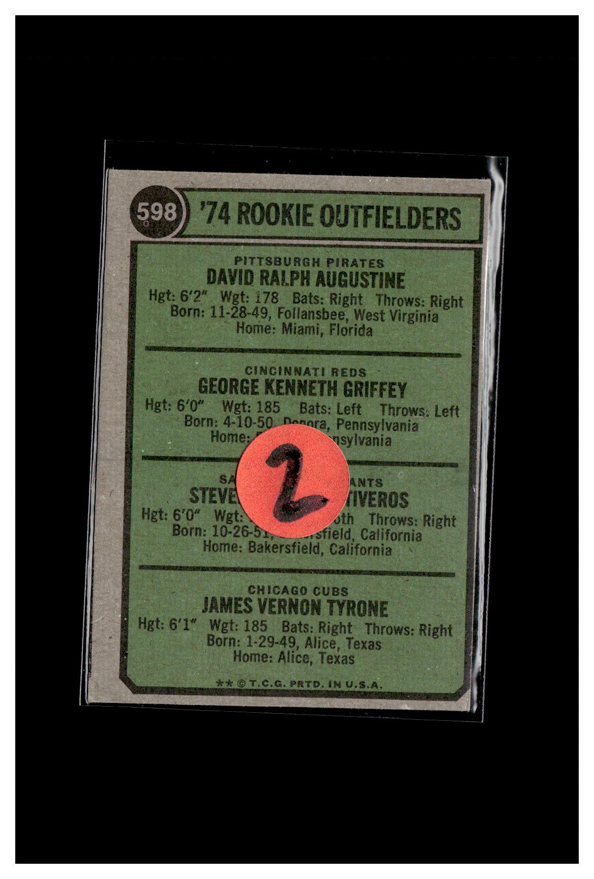 1974 Topps #598 1974 Rookie Outfielders (Dave Augustine / Ken Griffey / Steve Ontiveros / Jim Tyrone) 2