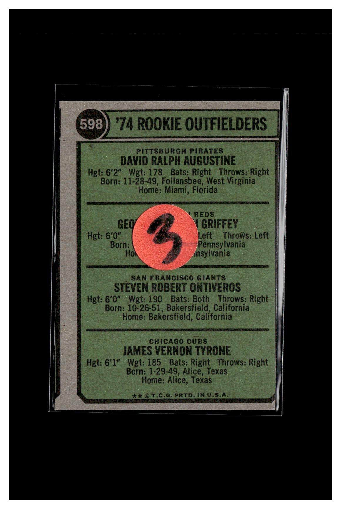 1974 Topps #598 1974 Rookie Outfielders (Dave Augustine / Ken Griffey / Steve Ontiveros / Jim Tyrone) 3