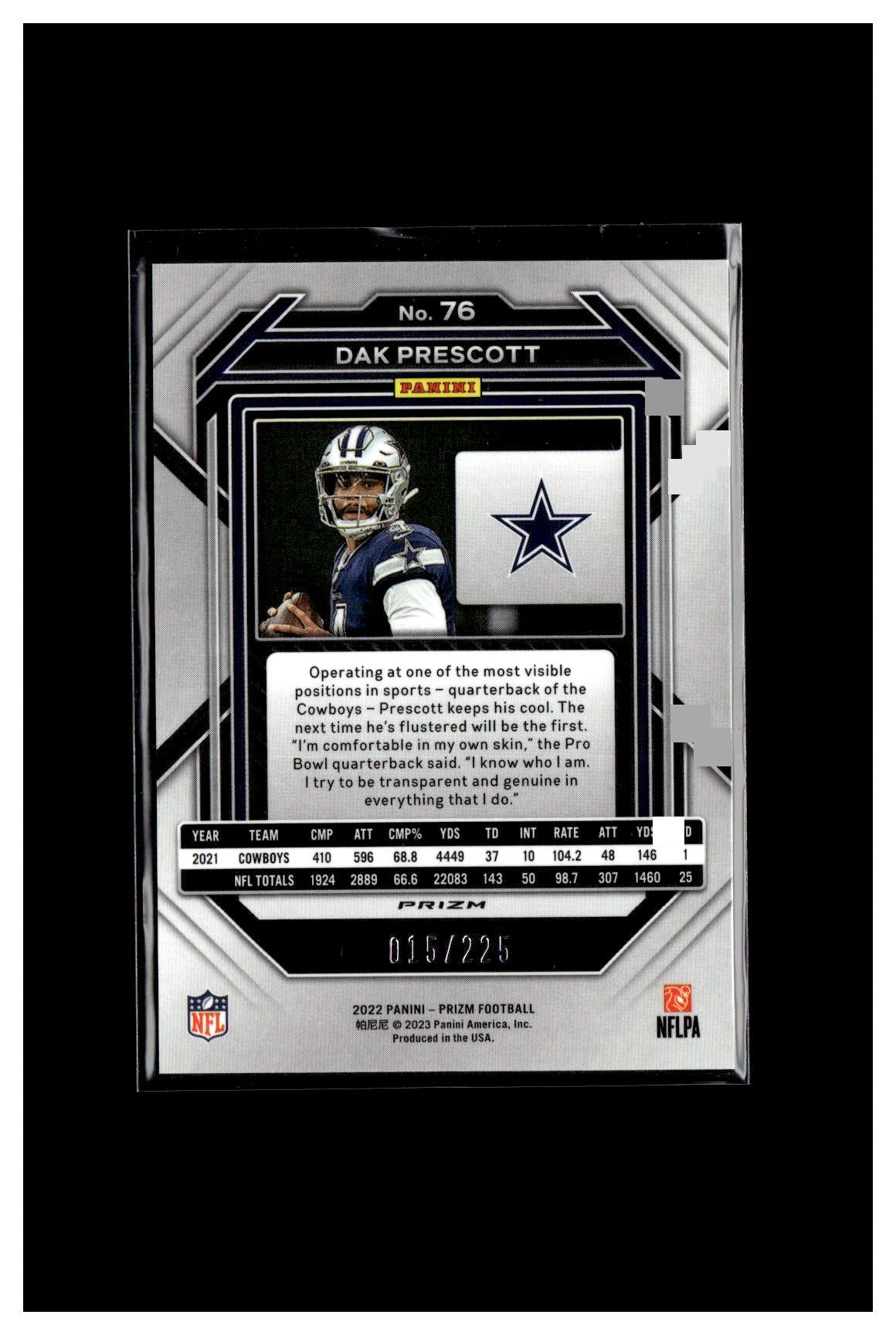 2022 Panini Prizm #76 Dak Prescott Purple Ice #/225 CC