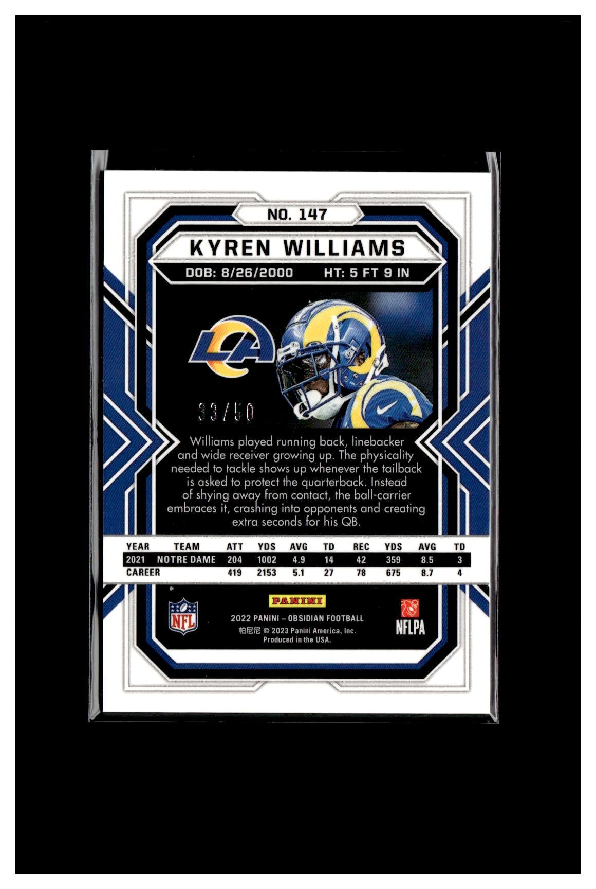 2022 Panini Obsidian #147 Kyren Williams Electric Etch Green #/50 CC